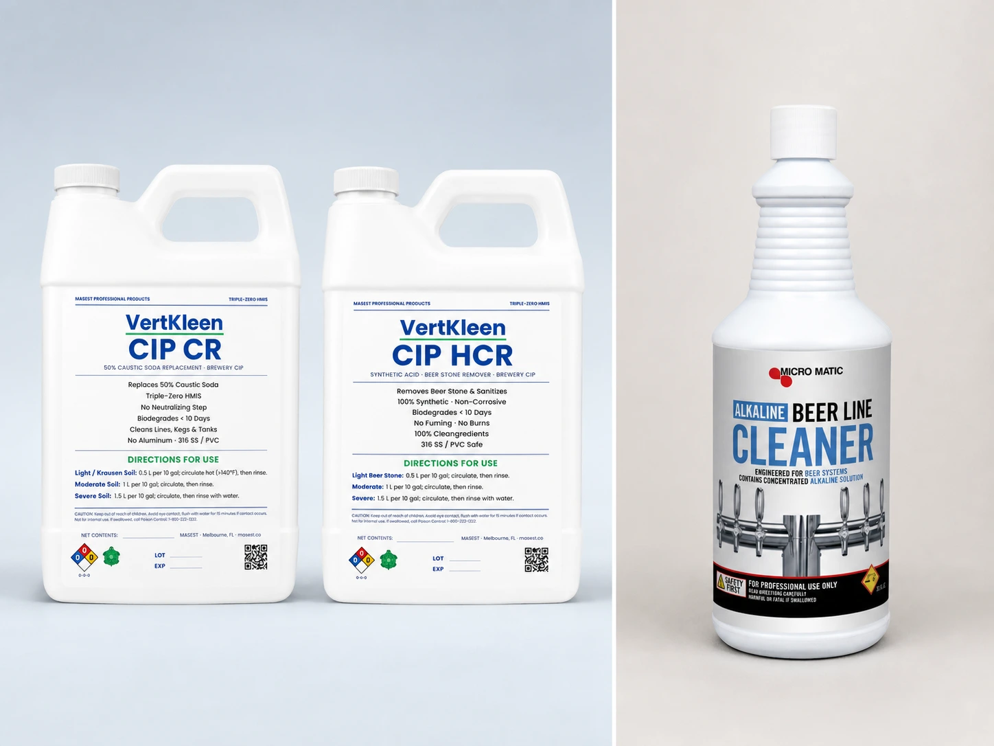 VertKleen CIP CR and CIP HCR beside Micro Matic Alkaline Beer Line Cleaner