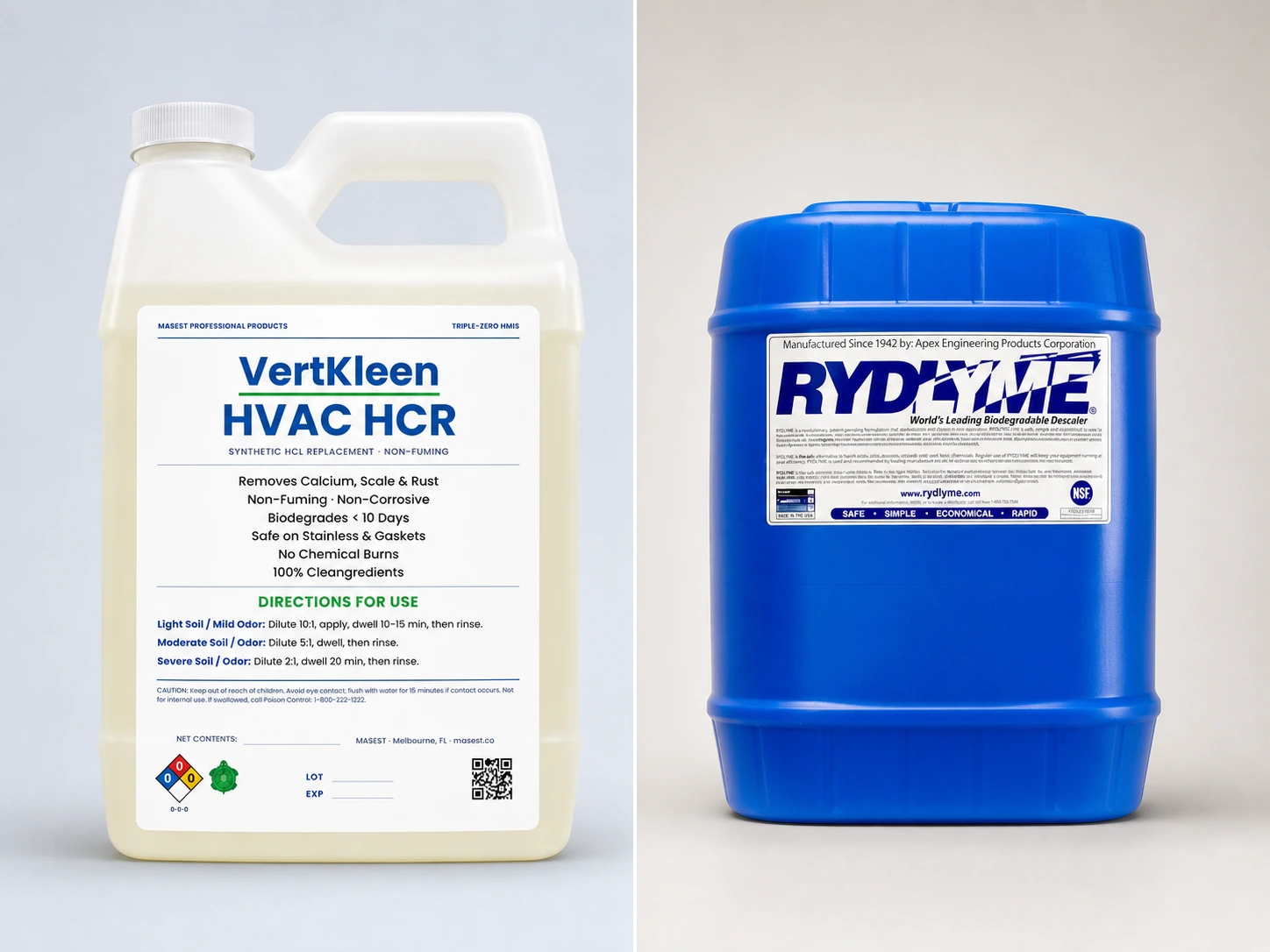 VertKleen HVAC HCR and RYDLYME descaler containers side by side