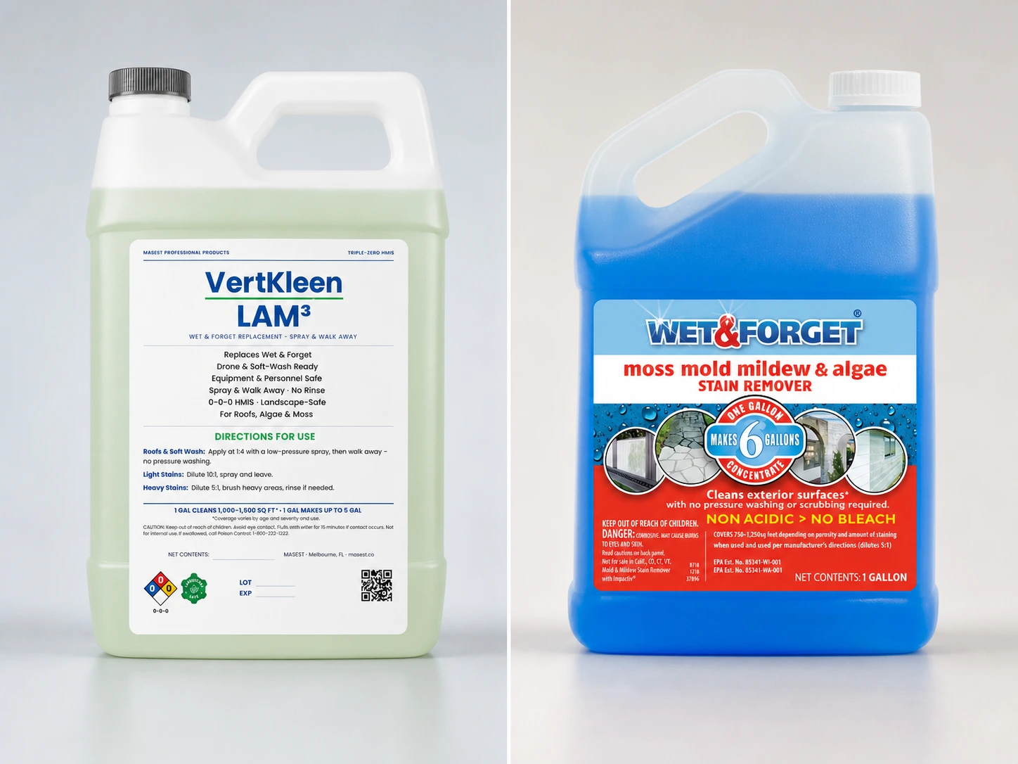 VertKleen LAM3 and Wet and Forget Outdoor Concentrate containers side by side