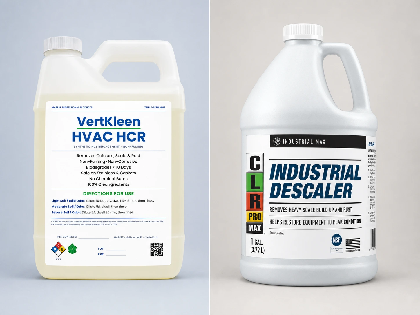 VertKleen HVAC HCR and CLR PRO MAX Industrial Descaler containers side by side