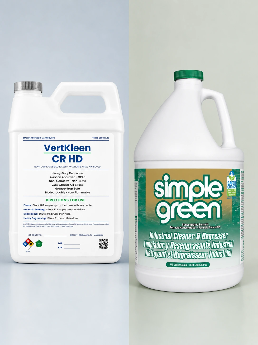 VertKleen CR HD and Simple Green Industrial cleaner containers side by side